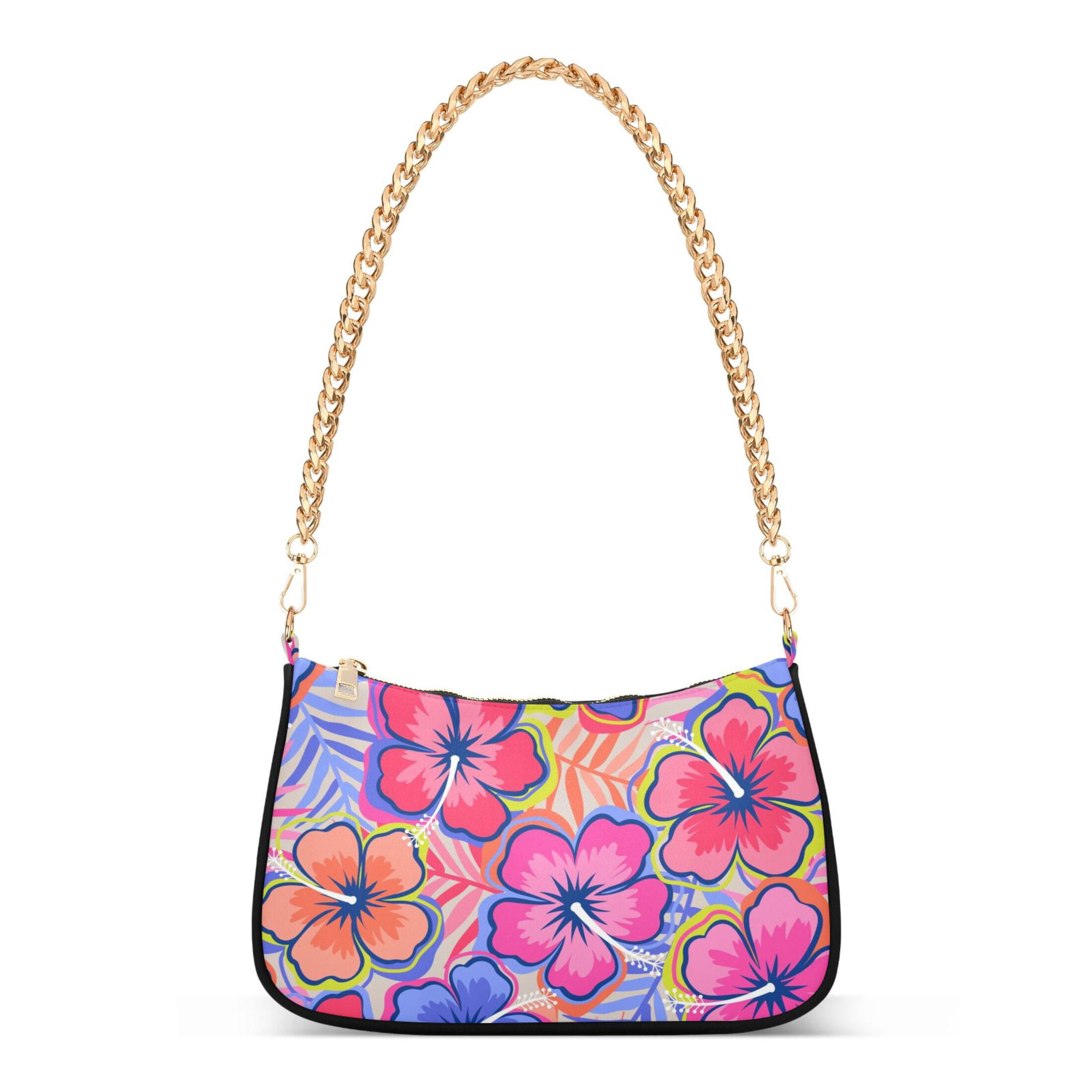 Womens Chain Shoulder Bag Colorful Hibiscus Flower with Palm Leaf