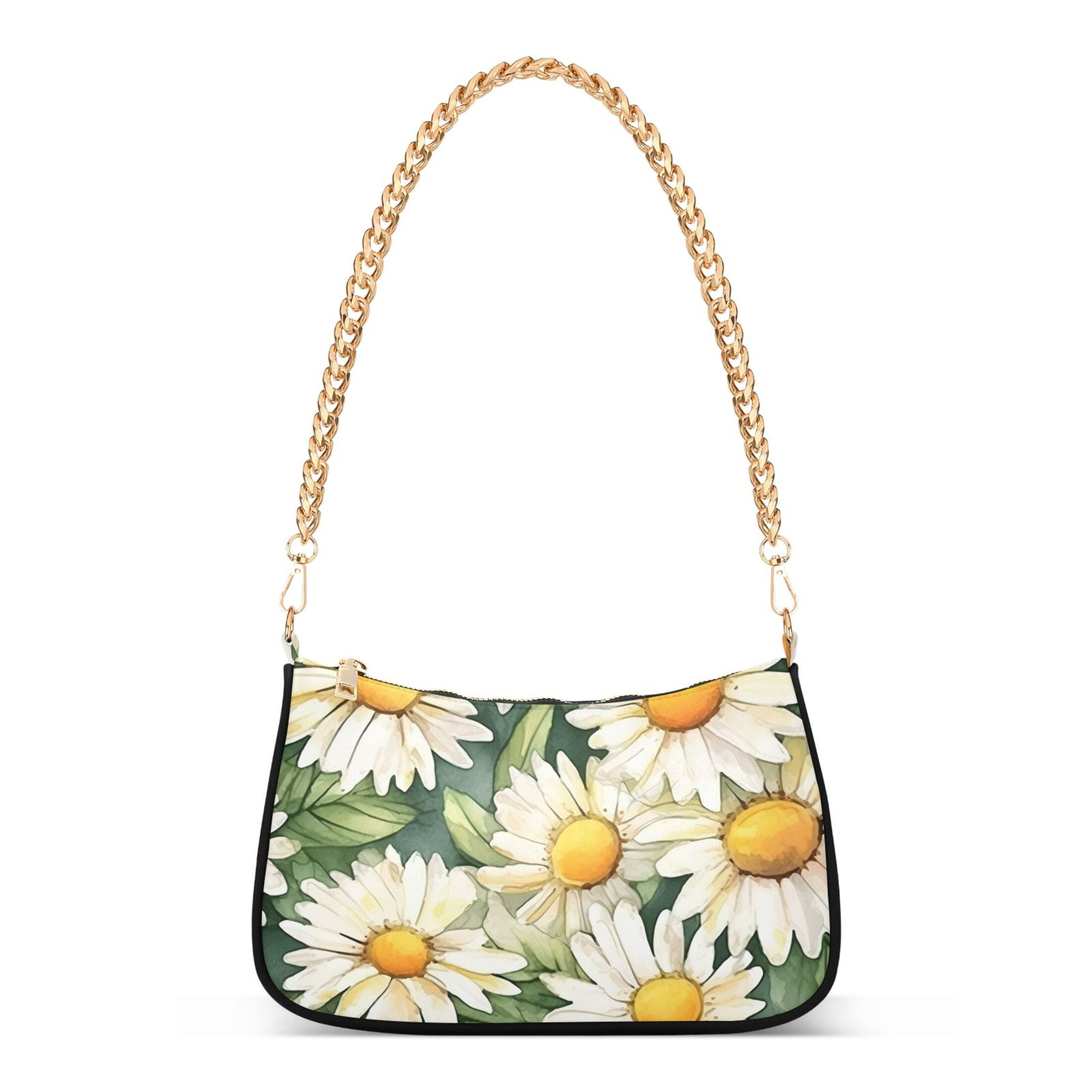 Womens Chain Shoulder Bag Daisy Flower Watercolor Classic Tote