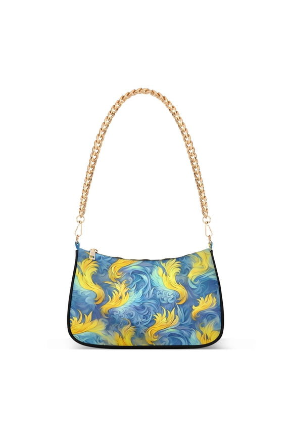 Womens Chain Shoulder Bag Feathers Yellow and Blue Classic Tote Handbags Fashion Clutch Hobo Purse with Zipper for Travel Casual