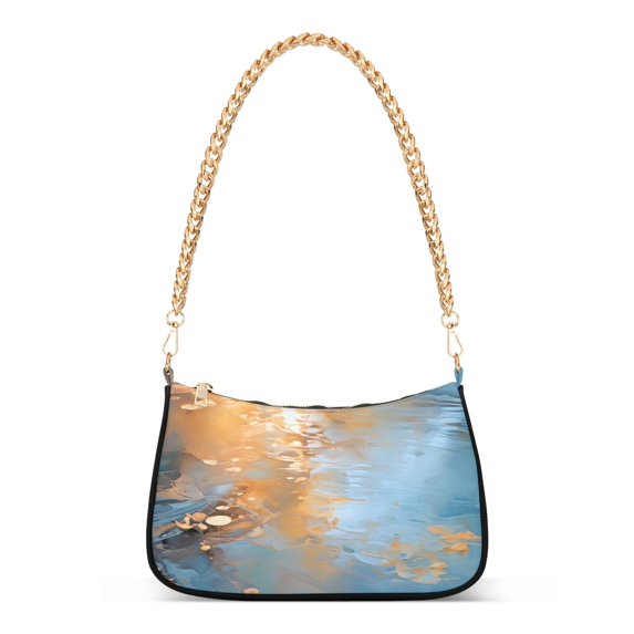Womens Chain Shoulder Bag Golden Blue Marble Classic Tote Handbags Fashion Clutch Hobo Purse with Zipper for Travel Casual
