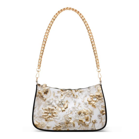 Womens Chain Shoulder Bag Golden Flowers Classic Tote Handbags Fashion Clutch Hobo Purse with Zipper for Travel Casual