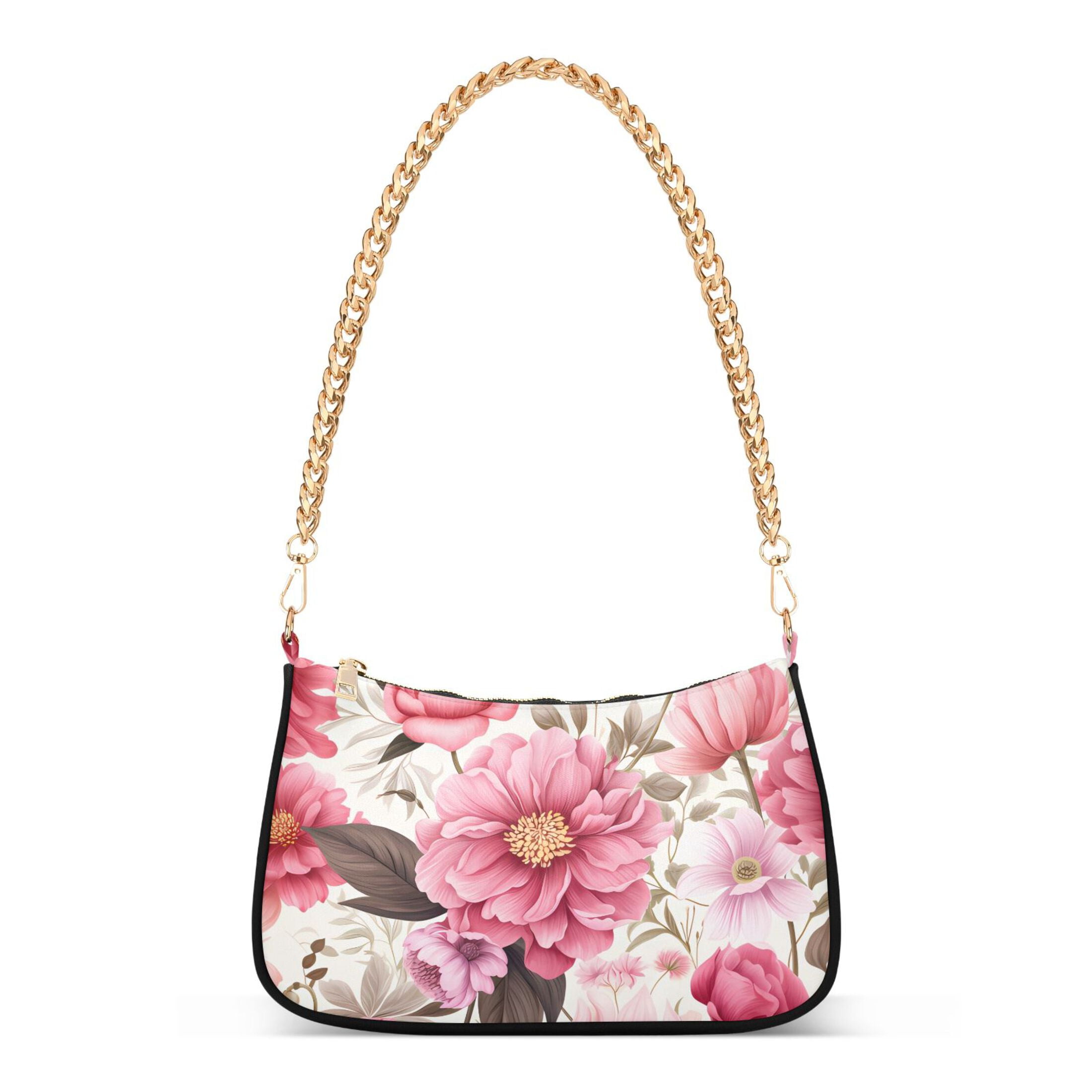 Womens Chain Shoulder Bag Pink Flowers Floral Print Classic Womens Chain Shoulder Bag Pink Flowers Floral Print Classic