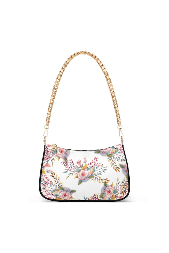 Womens Chain Shoulder Bag Pink Rose Flower Green Leaves Classic Tote Handbags Fashion Clutch Hobo Purse with Zipper for Travel Casual