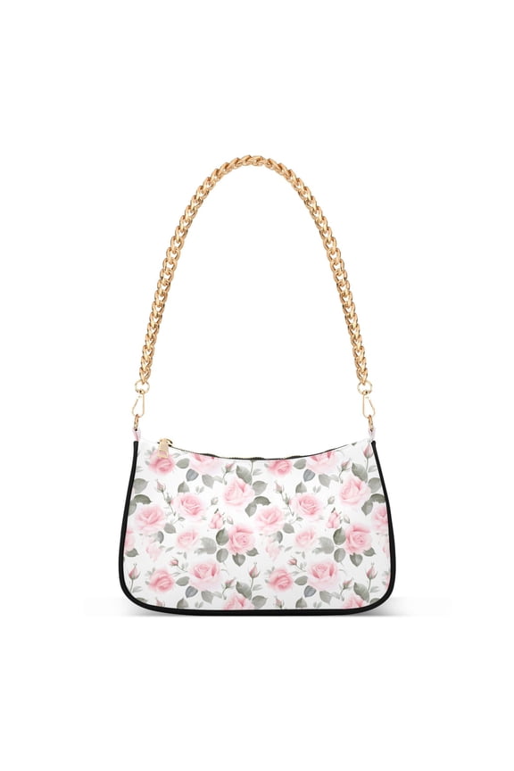 Womens Chain Shoulder Bag Pink Rose Flowers Classic Tote Handbags Fashion Clutch Hobo Purse with Zipper for Travel Casual