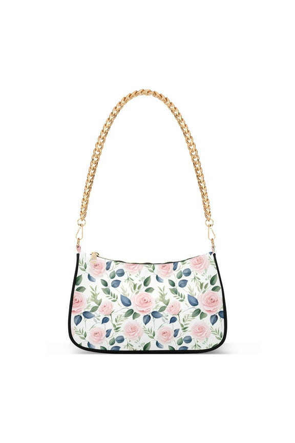 Womens Chain Shoulder Bag Rose Flowers Pink with Leaves Classic Tote Handbags Fashion Clutch Hobo Purse with Zipper for Travel Casual