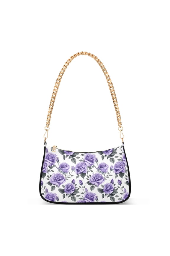 Womens Chain Shoulder Bag Rose Flowers Purple Classic Tote Handbags Fashion Clutch Hobo Purse with Zipper for Travel Casual