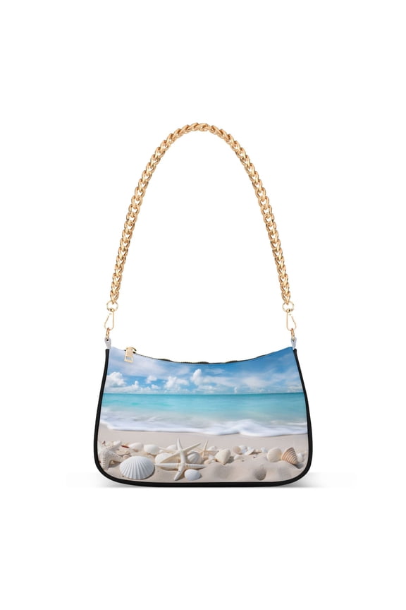 Womens Chain Shoulder Bag Seastars Seashells on Beach Classic Tote Handbags Fashion Clutch Hobo Purse with Zipper for Travel Casual