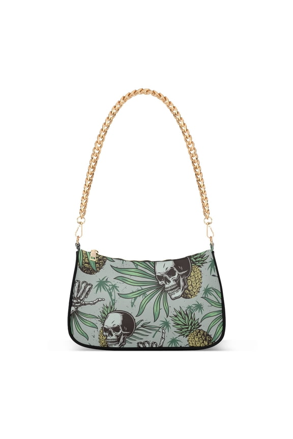 Womens Chain Shoulder Bag Skull and Pineapple Classic Tote Handbags Fashion Clutch Hobo Purse with Zipper for Travel Casual