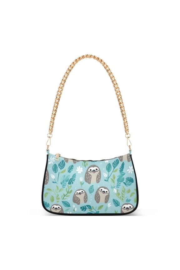 Womens Chain Shoulder Bag Sloth with Leaves Classic Tote Handbags Fashion Clutch Hobo Purse with Zipper for Travel Casual