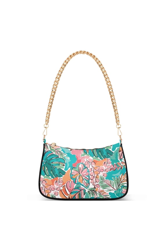 Womens Chain Shoulder Bag Tropical Palm Leaves Classic Tote Handbags Fashion Clutch Hobo Purse with Zipper for Travel Casual