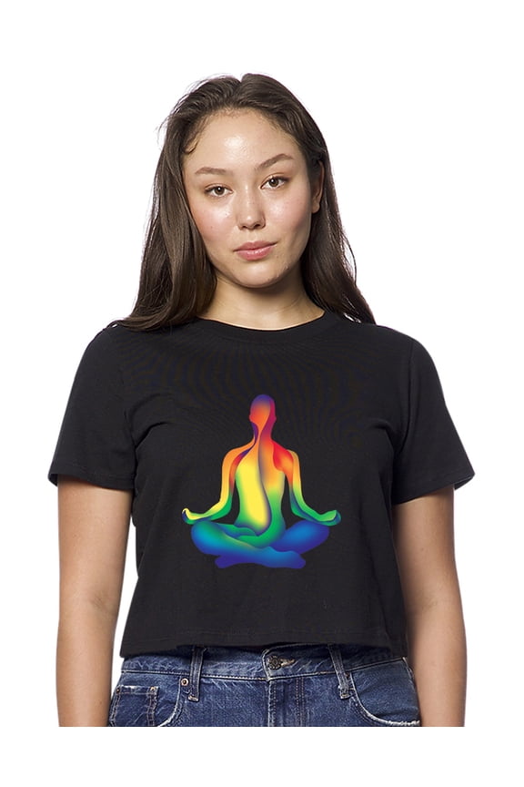 Womens Chakra Lotus Pose American-Made Cute Cropped Yoga Tee Shirt, Medium Black