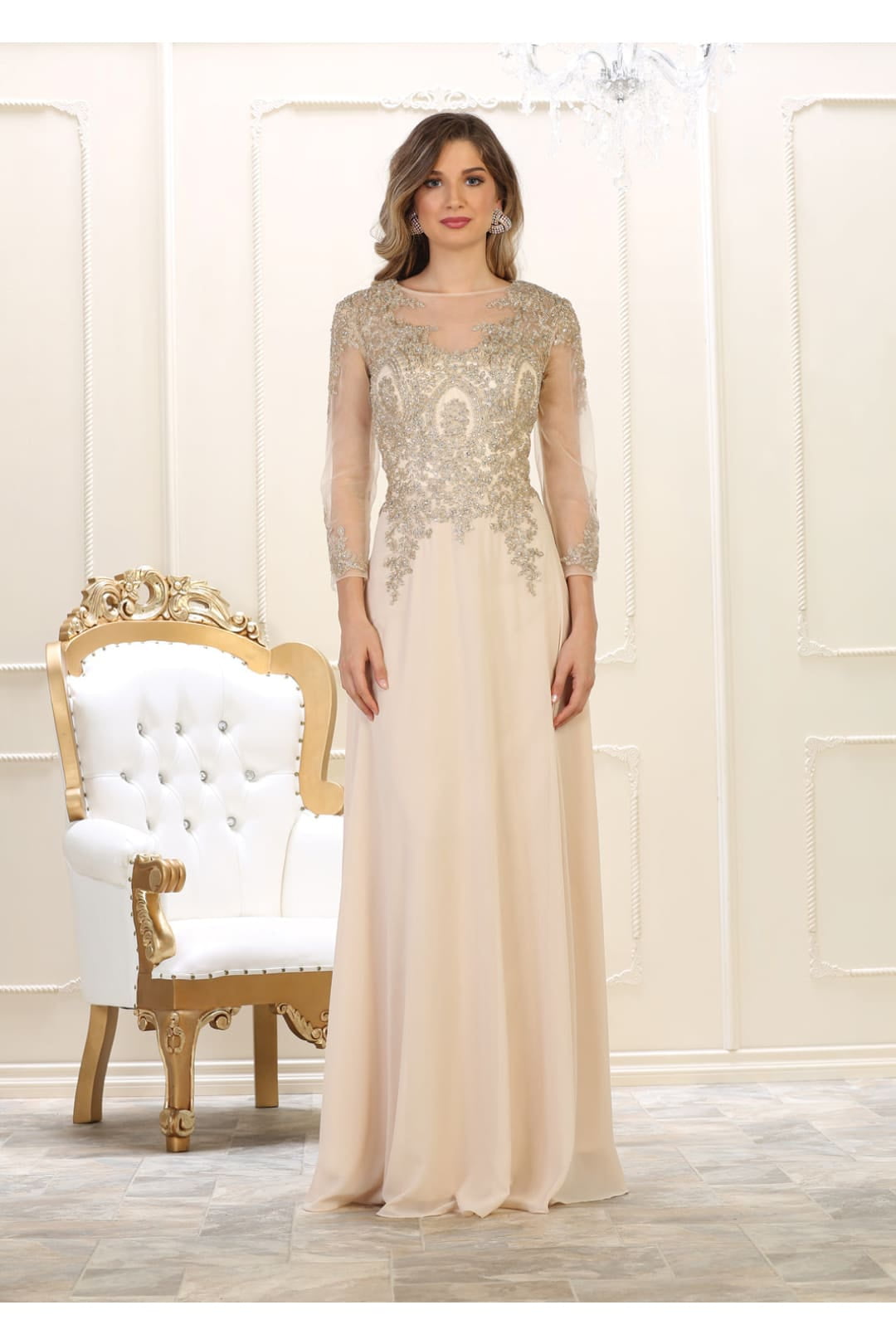 Womens Champagne/Gold Mother Of The Bride Evening Long Boat Neck