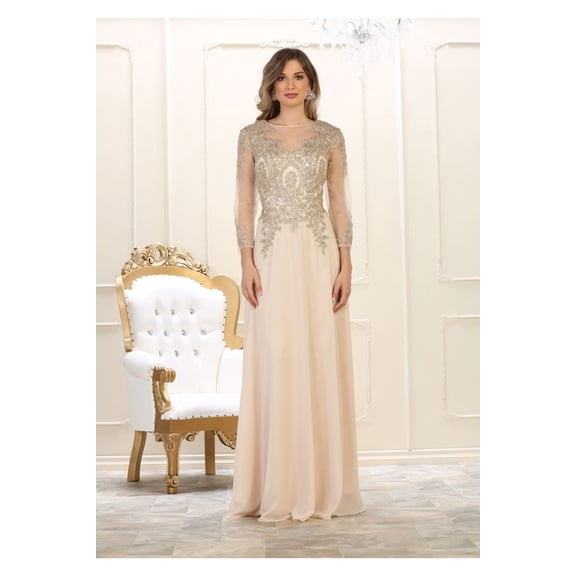 Womens Champagne/Gold Mother Of The Bride Evening Long Boat Neck 3/4 Sleeves A-Line Plus Size Dress
