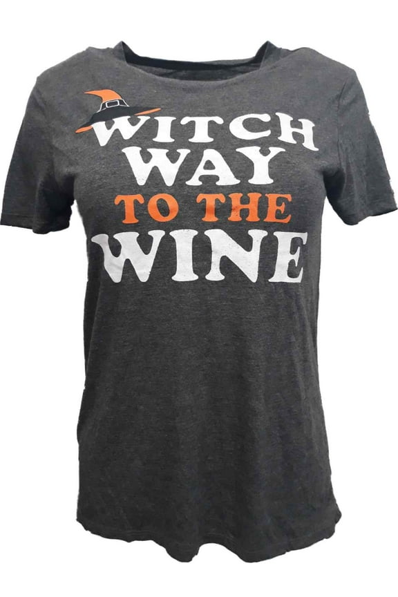Womens Charcoal Gray Witch Way Is The Wine Halloween Holiday T-Shirt XS