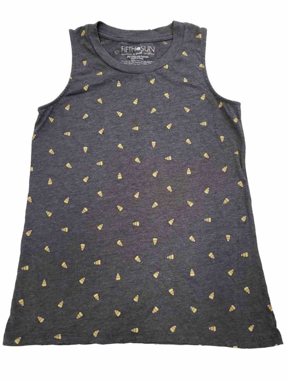 Womens Charcoal Grey Candy Corn Print Sleeveless Halloween Tee T-Shirt Top S