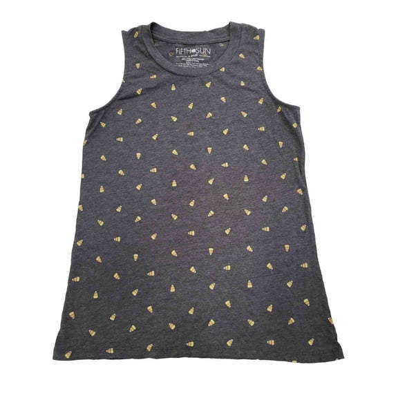 Womens Charcoal Grey Candy Corn Print Sleeveless Halloween Tee T-Shirt Top XS