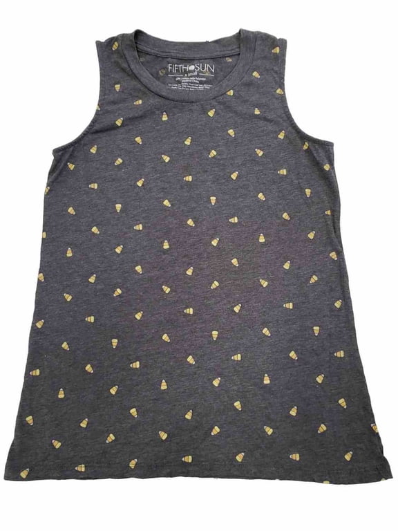 Womens Charcoal Grey Candy Corn Print Sleeveless Halloween Tee T-Shirt Top XS