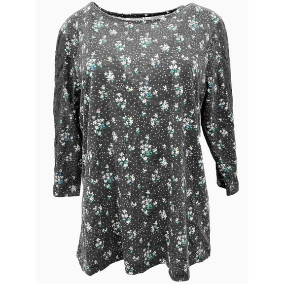 Womens Charcoal Grey Floral Polka Dotted Dressy Lace Sleeves Shirt Top L