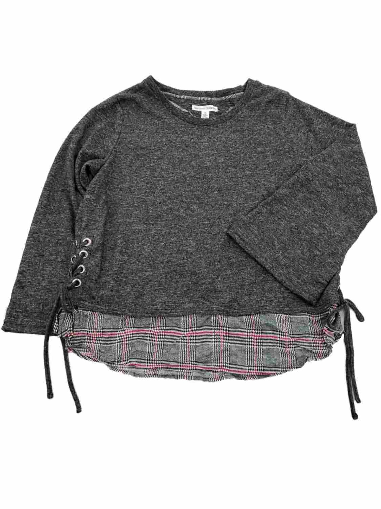 Womens Charcoal Grey Layered Look Lace-Up Side Plaid Long Sleeve