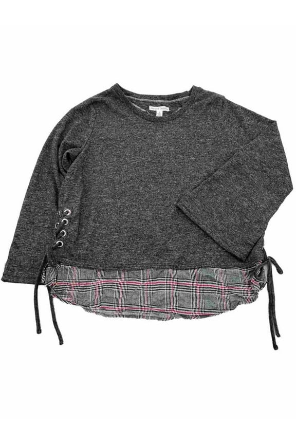 Womens Charcoal Grey Layered Look Lace-Up Side Plaid Long Sleeve Sweater Top 3X
