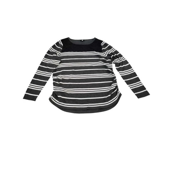 Womens Charcoal Grey & White Striped Lace Front Long Sleeve T-Shirt Shirt Top XL