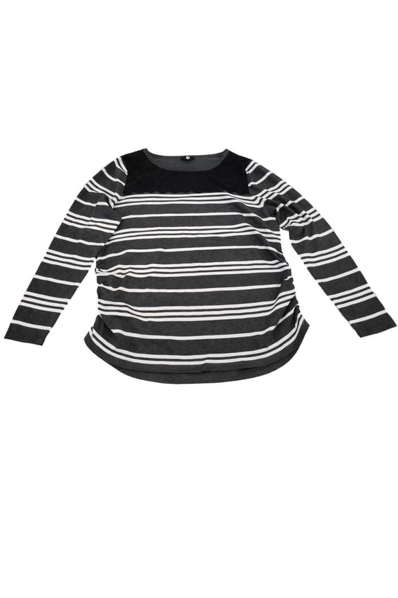 Womens Charcoal Grey & White Striped Lace Front Long Sleeve T-Shirt Shirt Top XL