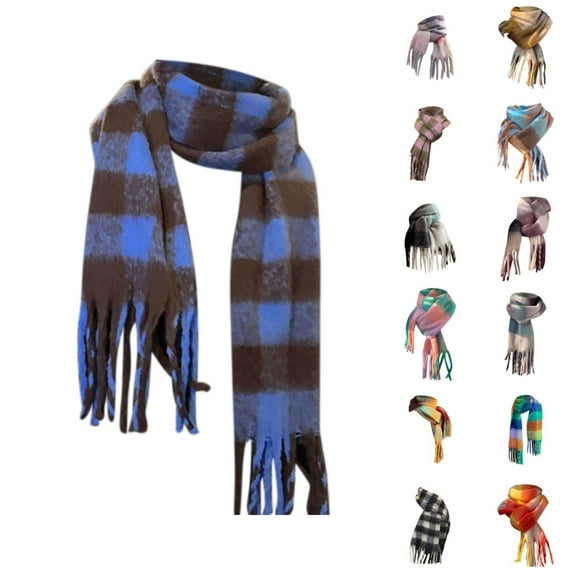 Womens Check Pattern Knit Scarf with Colorful Fringe Detail Long Thick Winter Neck Wrap