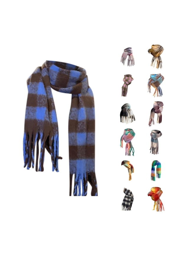 Womens Check Pattern Knit Scarf with Colorful Fringe Detail Long Thick Winter Neck Wrap
