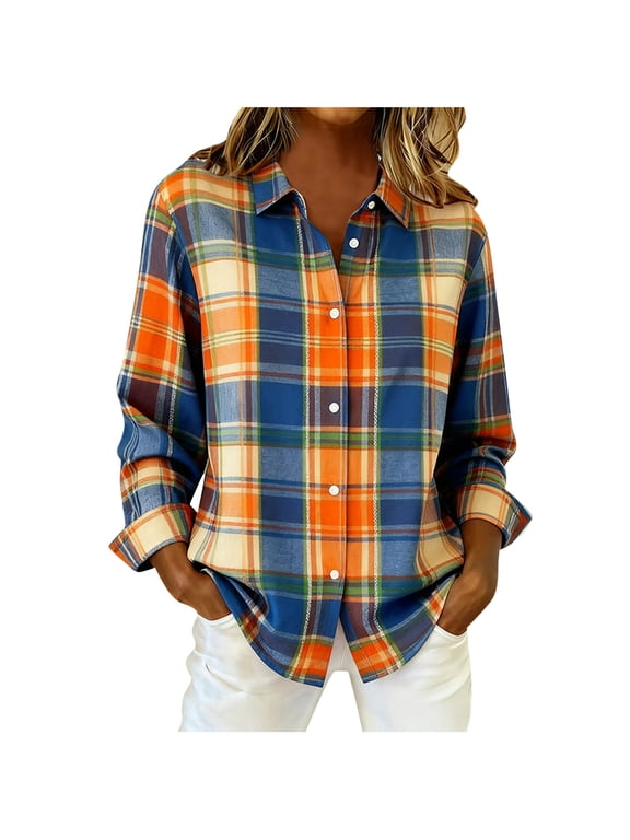 Womens Checked Shirt Long Sleeve Button Down Blouse Loose Casual Tops Classic Check Design Soft Comfortable Daily Wear Ladies Plaid Shirts Spring Summer Outfits
