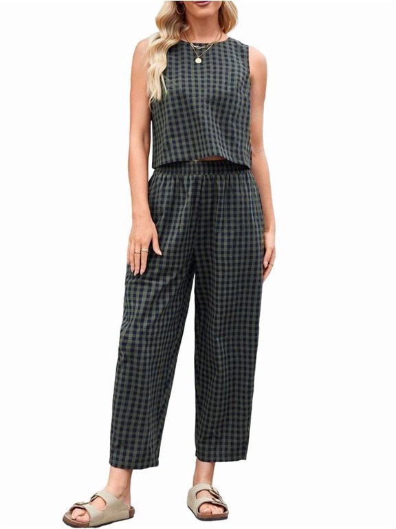 Womens Checker Set 2 Piece Beach Vacation Outfit Summer Tank Top Pants Suit Army Green L