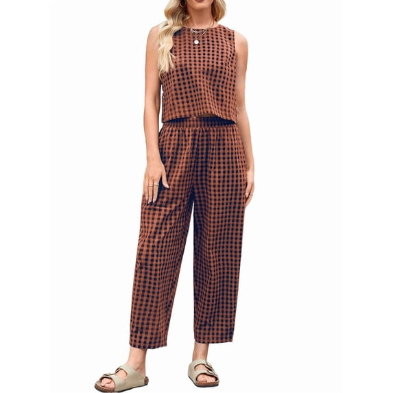 Womens Checker Set 2 Piece Beach Vacation Outfit Summer Tank Top Pants Suit Rust Red L