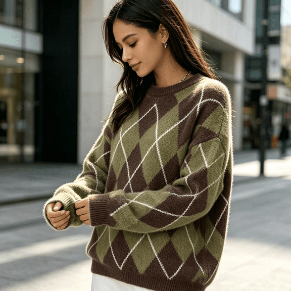 Womens Checkered Argyle Sweater Color Block Crew Neck Long Sleeve Loose Preppy Knit Pullover Tops