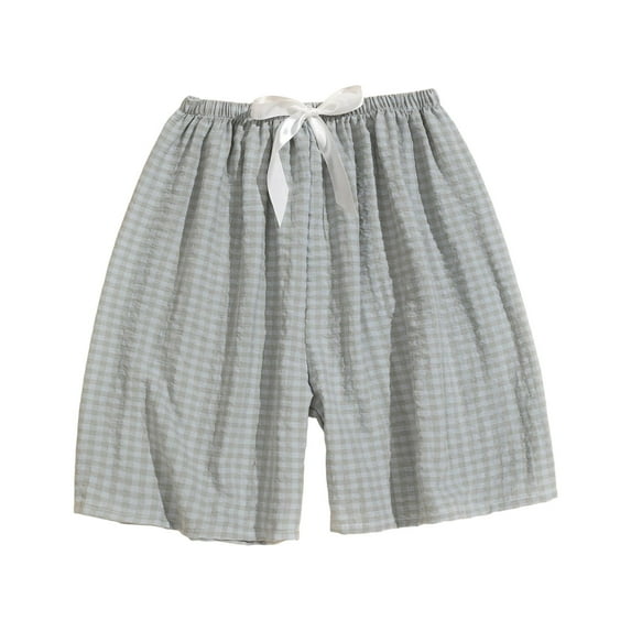 Womens Checkered Casual Shorts Basic Simple Elastic High Waist Wide Leg Shorts with Pockets