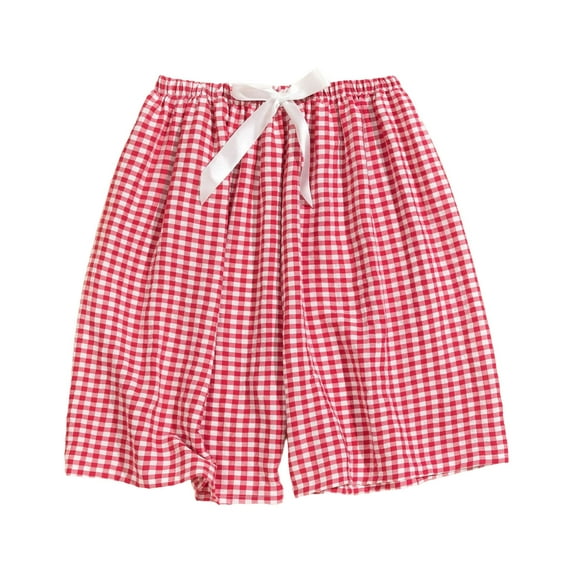 Womens Checkered Casual Shorts Basic Simple Elastic High Waist Wide Leg Shorts with Pockets