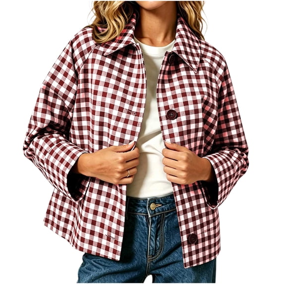 Womens Checkered Coats Button Front Lapel Long Sleeve Loose Fit Plaid Cropped Jacket Casual Fashion Fall Winter Outerwear Cardigans with Pockets