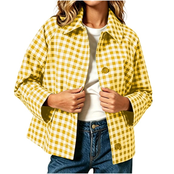 Womens Checkered Coats Button Front Lapel Long Sleeve Loose Fit Plaid Cropped Jacket Casual Fashion Fall Winter Outerwear Cardigans with Pockets
