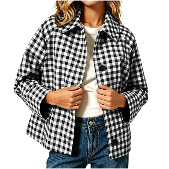 Womens Checkered Coats Button Front Lapel Long Sleeve Loose Fit Plaid Cropped Jacket Casual Fashion Fall Winter Outerwear Cardigans with Pockets