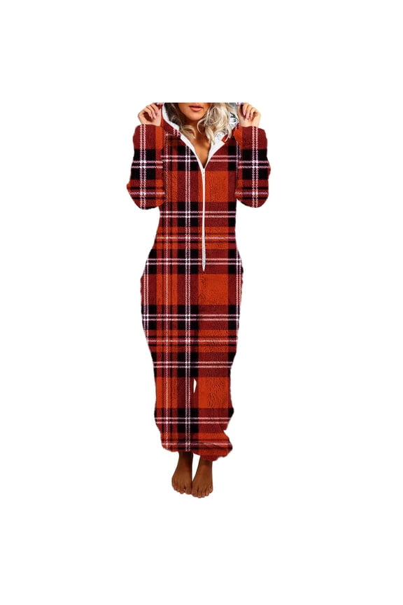 Womens Checkered Flannel Onesie Pajamas Long Plush Bathrobe with Hood Fleece Fuzzy Sherpa Hooded One Piece Romper Warm Winter Loungewear Sleepwear