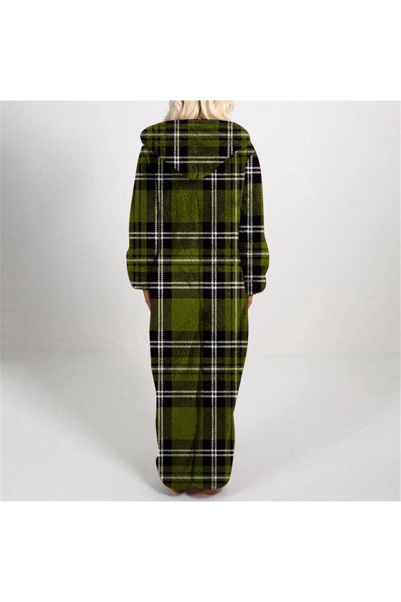 Womens Checkered Flannel Onesie Pajamas Long Plush Bathrobe with Hood Fleece Fuzzy Sherpa Hooded One Piece Romper Warm Winter Loungewear Sleepwear