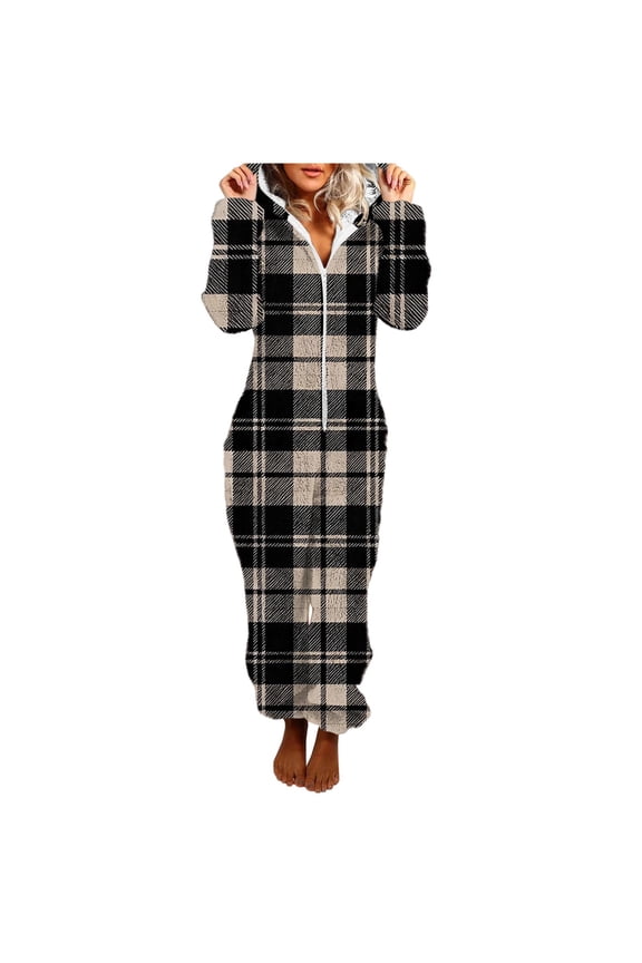 Womens Checkered Flannel Onesie Pajamas Long Plush Bathrobe with Hood Fleece Fuzzy Sherpa Hooded One Piece Romper Warm Winter Loungewear Sleepwear