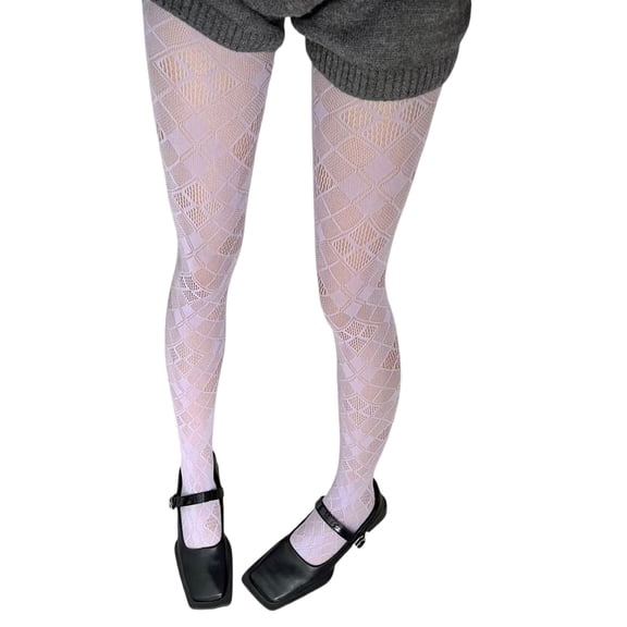 Womens Checkered Grids Pattern Sheer Fishnets Mesh Tights 90s Aesthetic See Through Thin Lace Pantyhose Stockings Hosiery