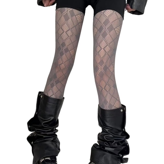 Womens Checkered Grids Pattern Sheer Fishnets Mesh Tights 90s Aesthetic See Through Thin Lace Pantyhose Stockings Hosiery