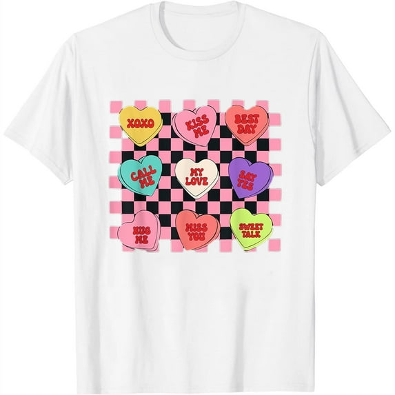 Womens Checkered Hearts Candy Valentines Day Conversation Hearts T-Shirt White 4X-Large