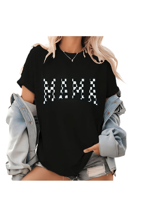Womens Checkered Mama Varsity Graphic Tees Trendy Print T Shirts Varsity Mom Mothers Day Gift Life Tops Black,5XL