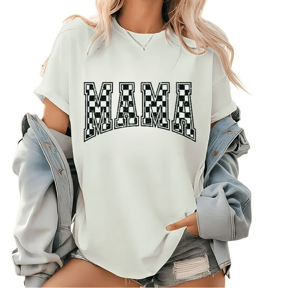 Womens Checkered Mama Varsity Graphic Tees Trendy Print T Shirts Varsity Mom Mothers Day Gift Life Tops White,2XL