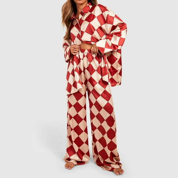 Womens Checkered Pajamas Set 2pc Satin Loungewear Button Shirt Loose Pants Soft Oversized Color Block Sleepwear Home Clothes Red S