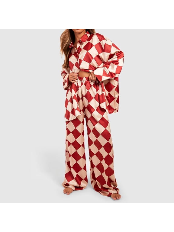 Womens Checkered Pajamas Set 2pc Satin Loungewear Button Shirt Loose Pants Soft Oversized Color Block Sleepwear Home Clothes Red S