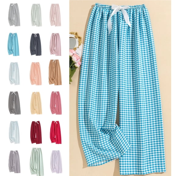 Womens Checkered Pants Casual Drawstring High Waisted Wide Leg Lounge Pants 2025 Trendy Plaid Pajama Pant Pj Bottoms Blue Free