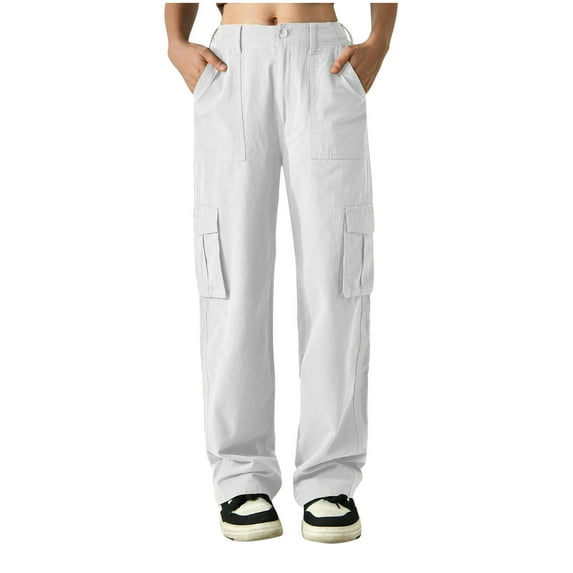 Womens Checkered Pants Women's Solid Color Loose Casual Fashion Multi-pocket Cargo Pants Elastic Waist Breathable Pants S-153