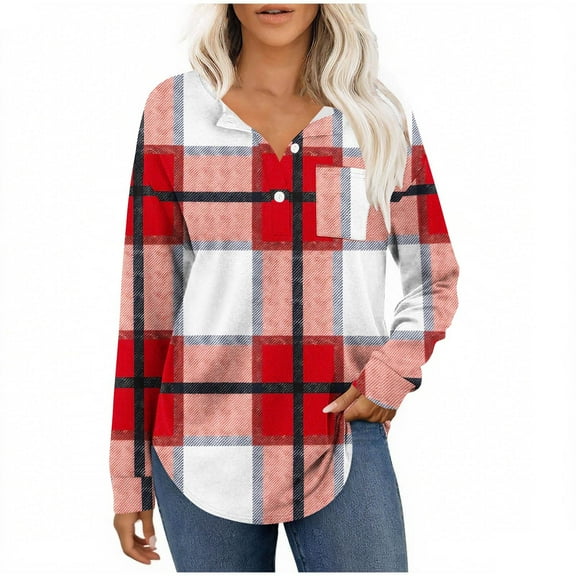 Womens Checkered Print Shirts Henley Neck Blouses Plaid Printed Button Tops Long Sleeve Sweatshirt Pullover Sweater Blouses Lounge Warm Shirts Top with Pockets